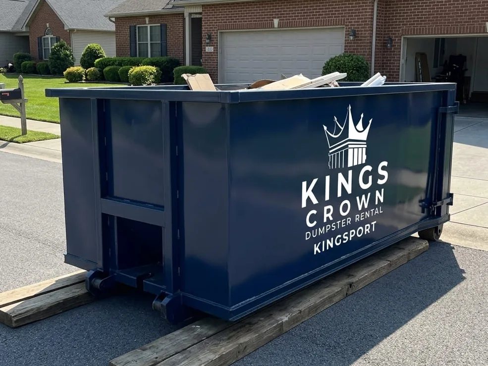 Our dumpster rental process in Kingsport Roll-off container being set on a Kingsport, TN property
