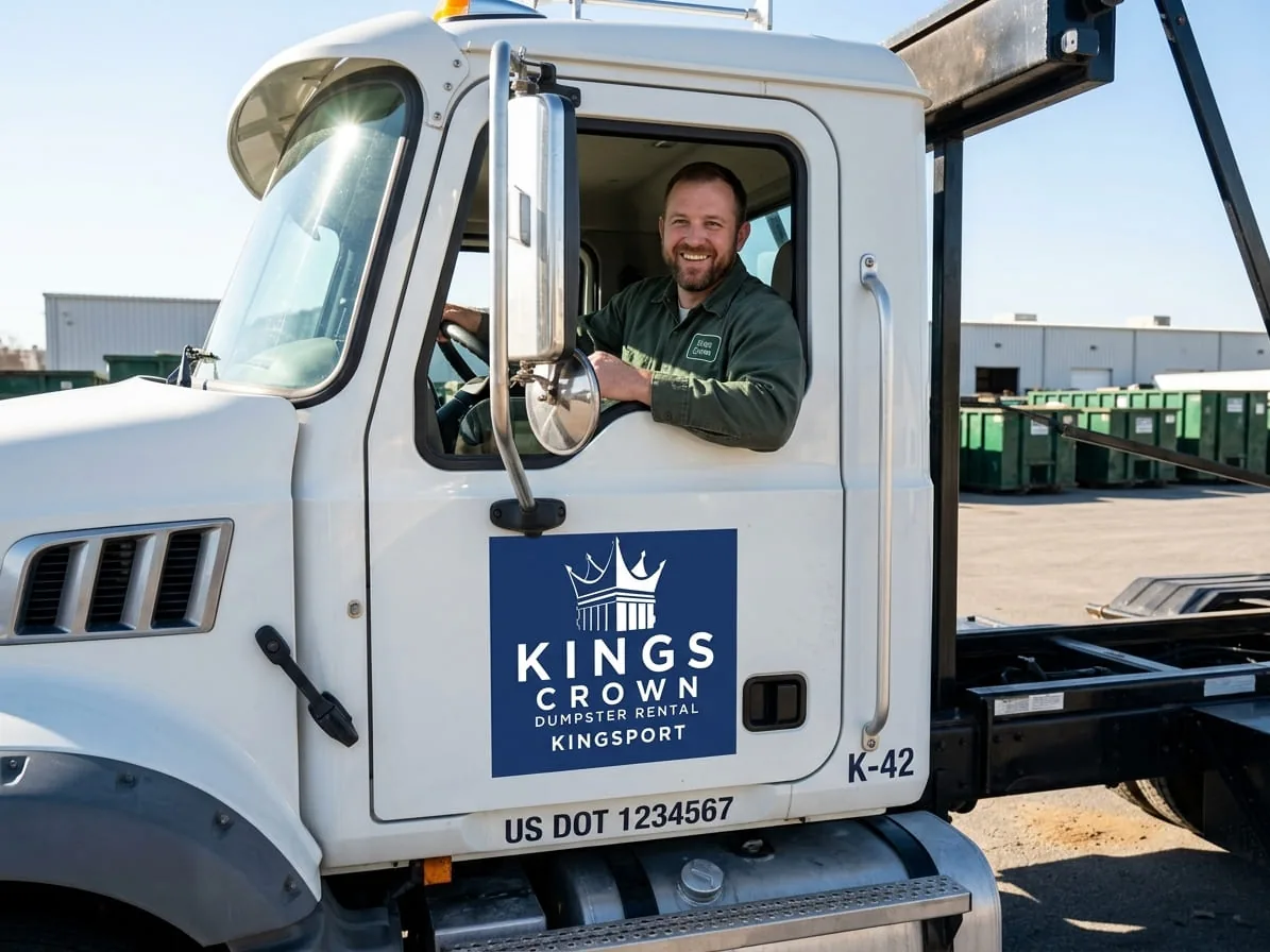 Local dumpster rental in Kingsport Kings Crown Dumpster Rental roll-off truck and container in Kingsport, TN